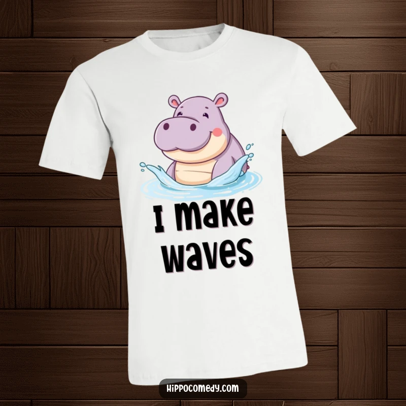 Funny t-shirt showcasing a smiling hippopotamus joyfully splashing water with its snout, perfect for lovers of playful animals.