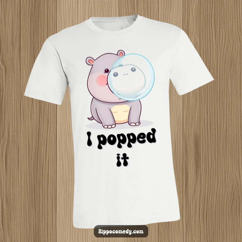 Funny kawaii hippopotamus blowing a large bubble from its mouth, printed on a comfortable and stylish t-shirt.