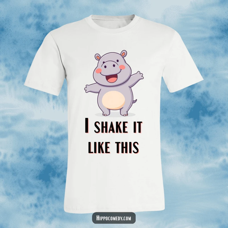 Funny t-shirt featuring a happy hippopotamus doing a silly, energetic wiggle dance, full of life.