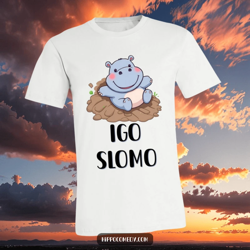 Funny Hippo T-Shirt: A joyful cartoon hippo with a big grin slides down a slippery muddy hill, embodying carefree fun.