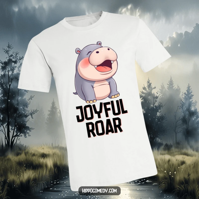 Funny hippo with mouth agape, mid-silent joyful laugh, printed on a t-shirt for humorous expression.