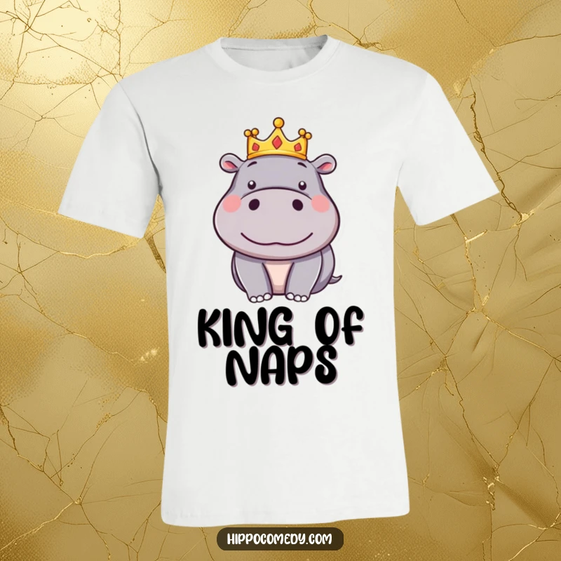 Funny Hippo Crown T-Shirt: A silly cartoon hippo is adorned with a small crown and a smugly pleased look.