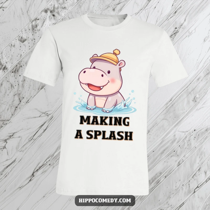 Funny t-shirt showcasing a smiling baby hippopotamus wearing a small hat, caught mid-silly splish-splash.