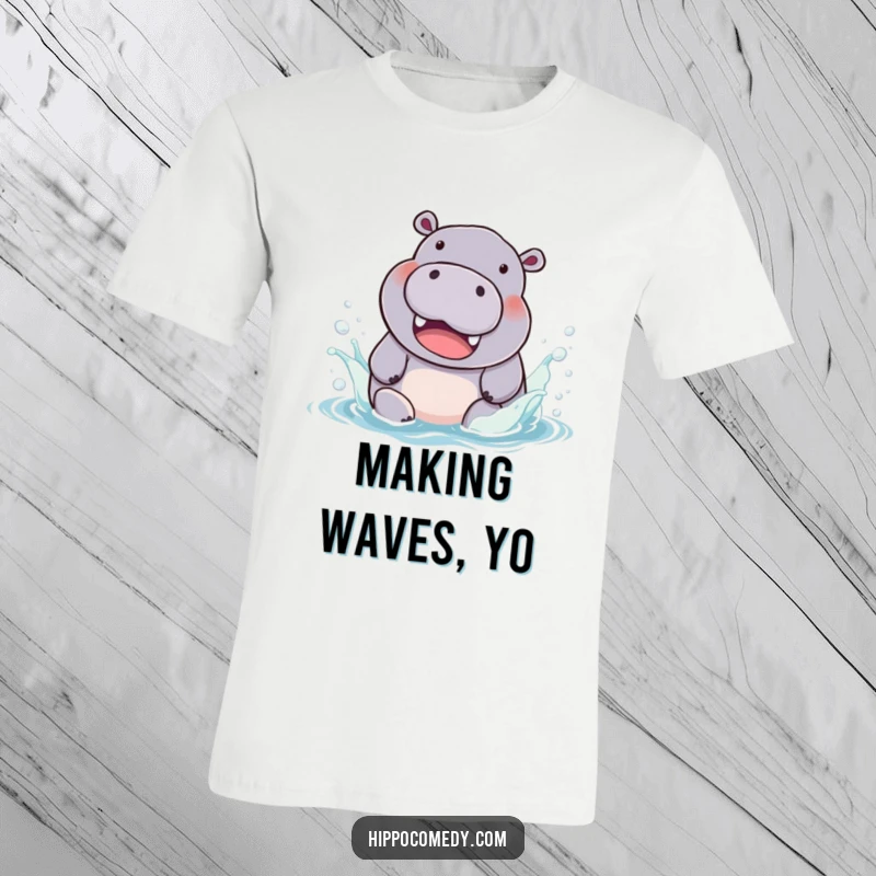 Funny T-Shirt: A chubby hippopotamus with a wide, beaming smile, joyfully splashing in brightly colored water.