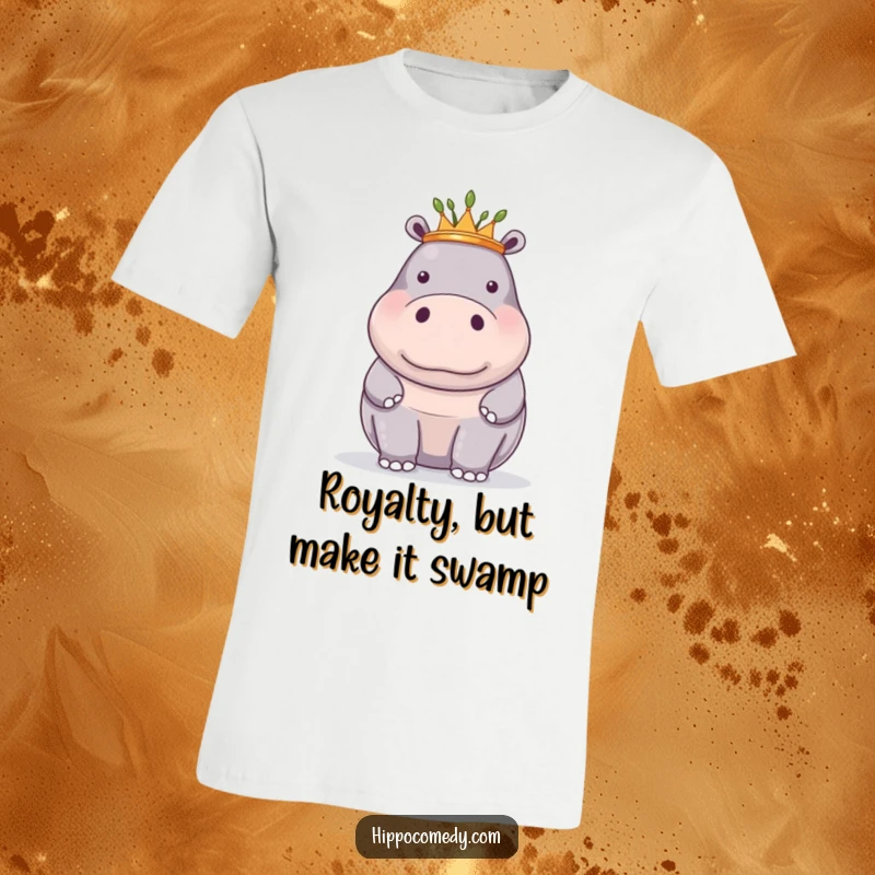 Funny t-shirt showing a proud hippopotamus wearing a small crown of reeds, a humorous royal statement.