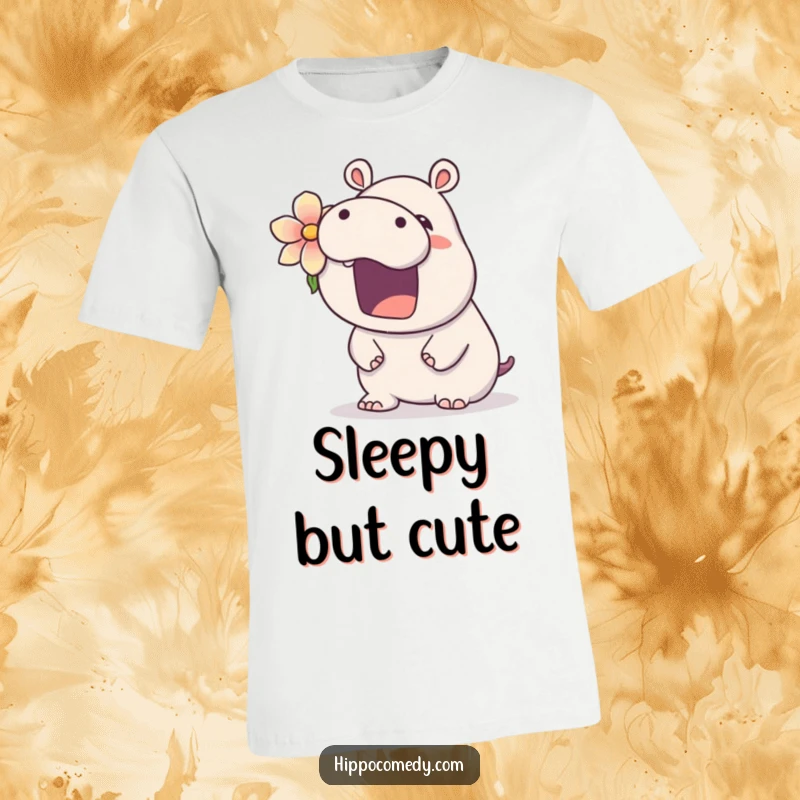 Funny kawaii hippo t-shirt featuring a cute hippopotamus wearing a flower, caught mid-yawn with adorable, sleepy charm and relaxed vibes.