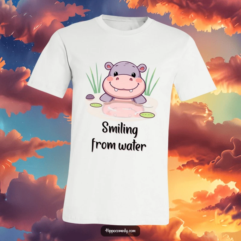 Funny kawaii hippo t-shirt with a cute hippo peeking from a pond, sporting a wide, happy smile.