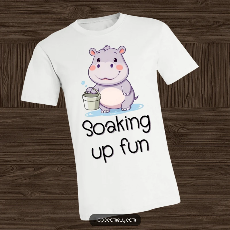 Funny kawaii hippo t-shirt, holding a bucket and looking eager for a water fight, embodying playful summer fun.