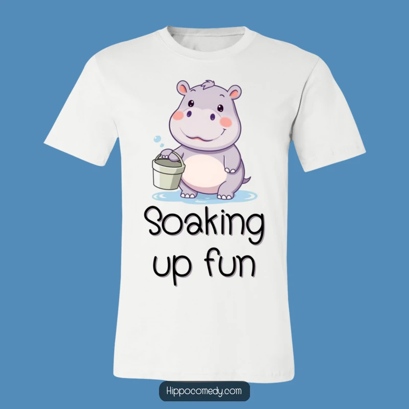 Funny kawaii hippo water fight t-shirt, a playful gift for water lovers, showing a hippo with a bucket.