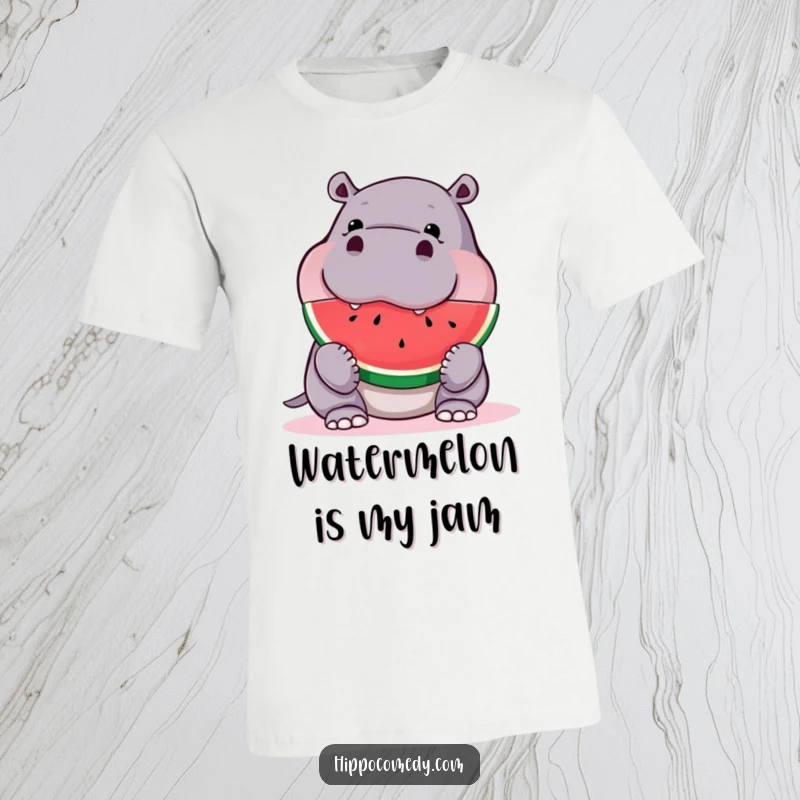 Funny curious hippo t-shirt, enthusiastically biting into a huge watermelon slice, expressing pure joy and gluttony.