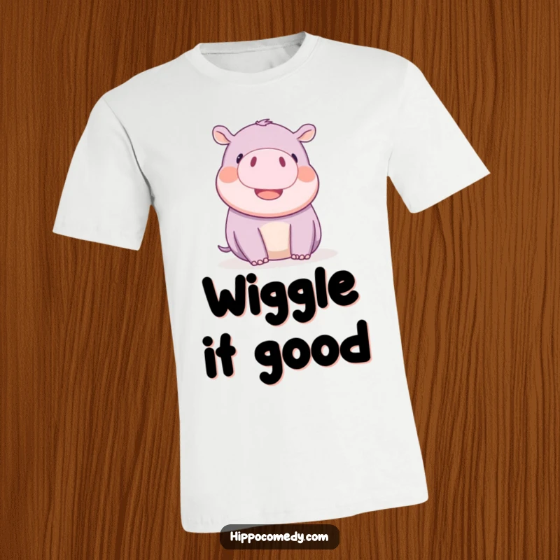 Funny kawaii hippopotamus playfully wiggling its tiny ears with delight, printed on a comfortable t-shirt.