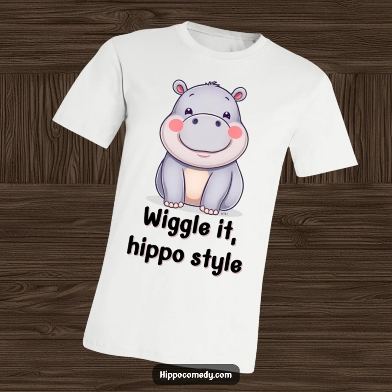 Funny happy hippo with glossy skin doing a little wiggle, captured on a fun t-shirt for a playful look.