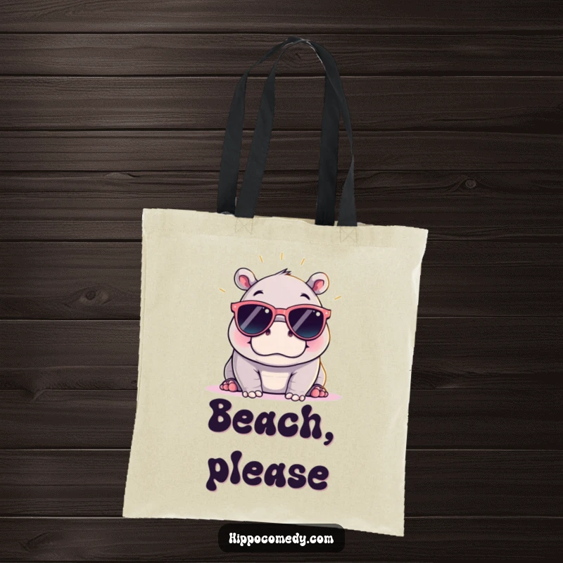 Funny kawaii hippopotamus with oversized sunglasses, carrying essentials in a stylish tote bag, perfect for sunny outings.