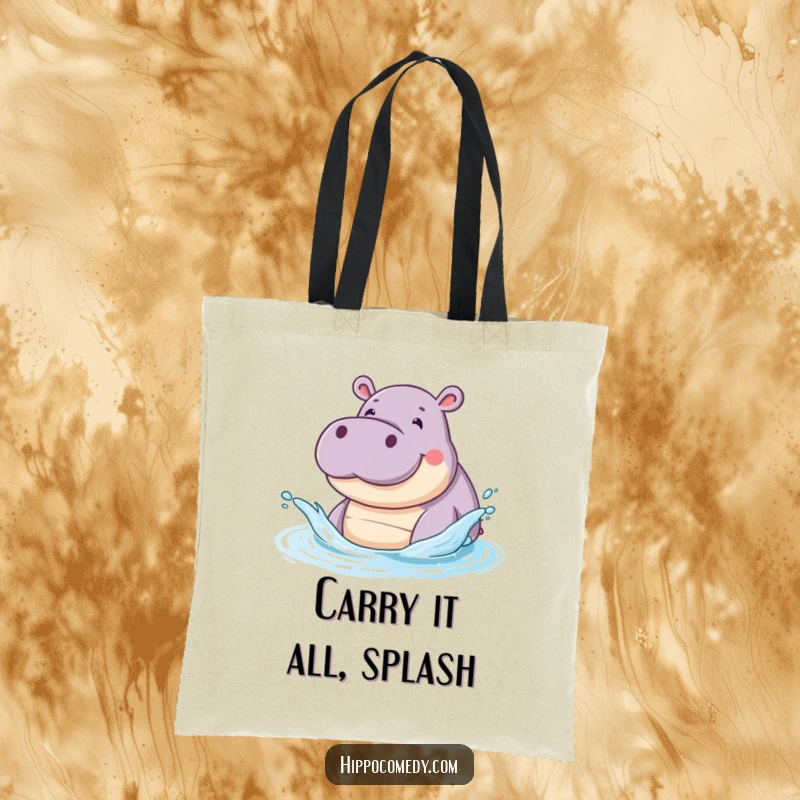 Funny tote bag featuring a smiling hippopotamus energetically splashing water with its snout, perfect for beach or market trips.