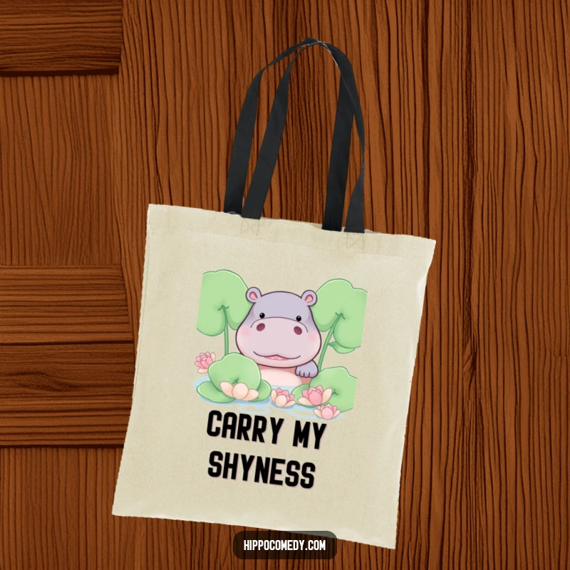 Funny hippo with a shy blush, peeking from lily pads on a stylish tote bag.