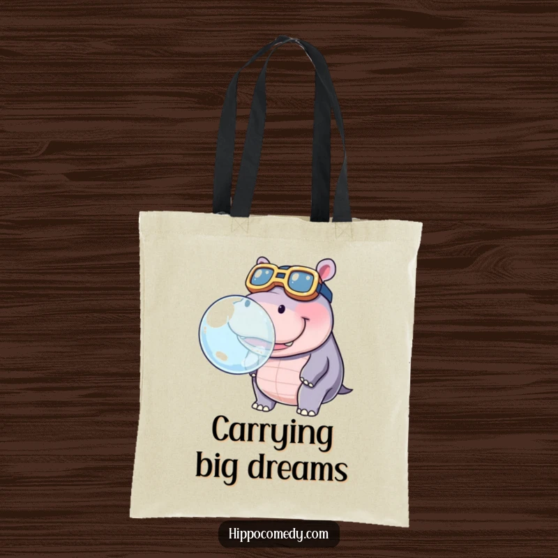 Funny tote bag showing a kawaii hippopotamus wearing oversized goggles, blowing a large bubble, perfect for shopping.