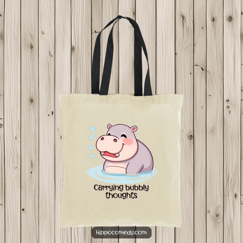 Funny Tote Bag: A giggling hippopotamus blowing bubbles in the water, perfect for carrying fun and essentials.