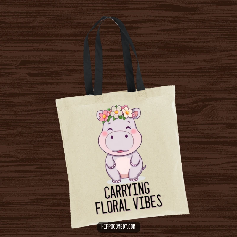 Funny kawaii hippo tote bag with a cute hippo wearing a flower crown and blowing a kiss, looking incredibly sweet.