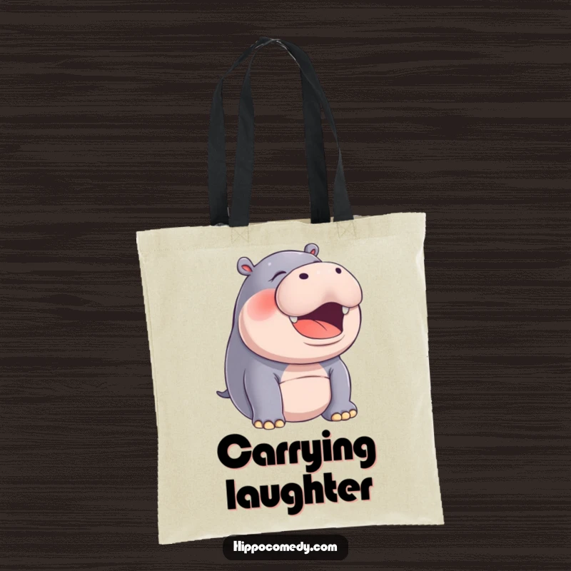 Funny hippo with mouth open in a silent, joyful laugh on a tote bag, a humorous accessory.
