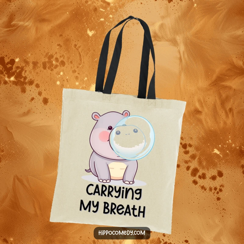 Funny kawaii hippopotamus blowing a large bubble from its mouth, on a durable and charming tote bag.