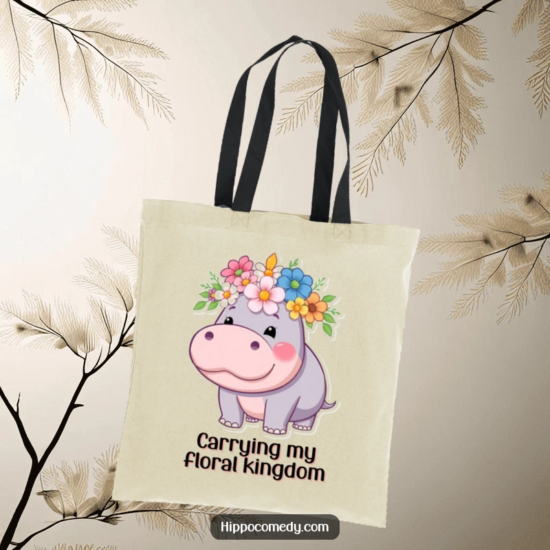 Funny hippo tote bag, depicting a regal hippo wearing a crown of flowers, ideal for carrying essentials in style.