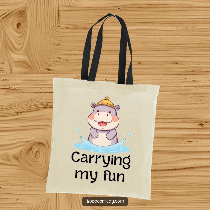 Funny tote bag showing a kawaii hippopotamus in a tiny hat, joyfully splashing water, perfect for carrying daily items.