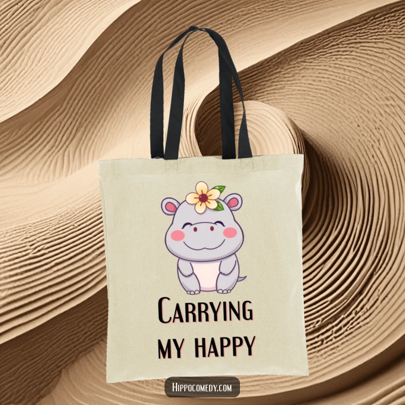 Funny Kawaii Hippo Tote Bag displaying a cute, content hippopotamus with a floral accent, ready for any adventure with a smile.