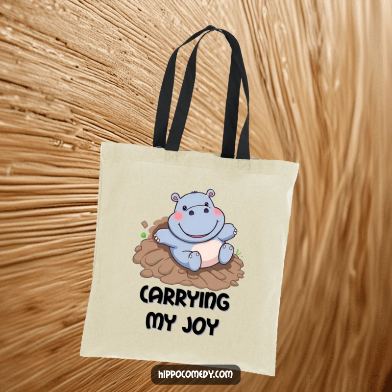 Funny Hippo Tote Bag: A happy cartoon hippo with a large grin slides down a muddy hill, capturing a moment of pure joy.