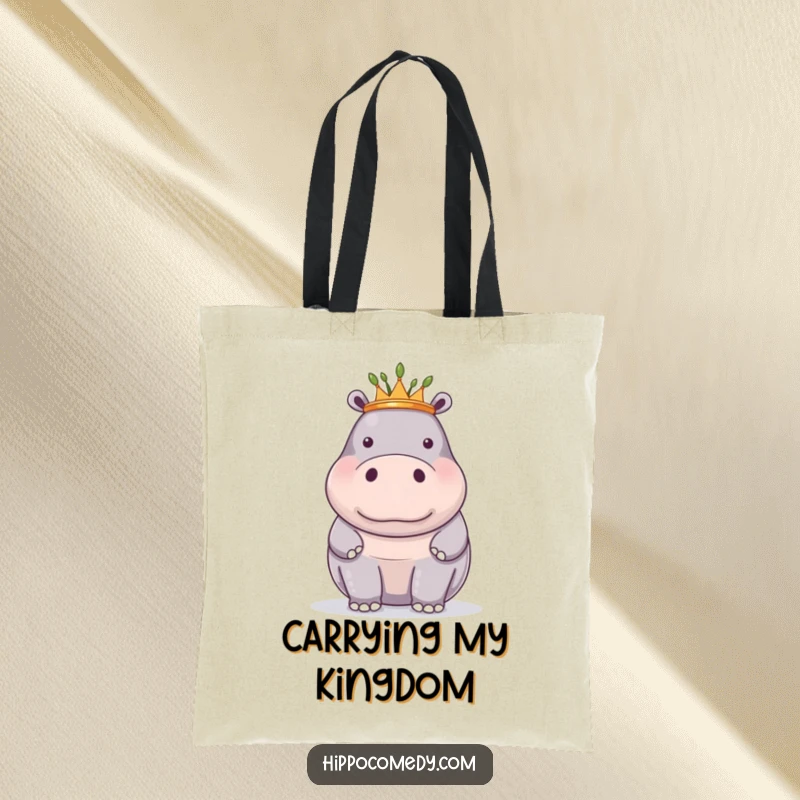 Funny tote bag showcasing a proud hippopotamus wearing a small crown of reeds, perfect for stylish carrying.