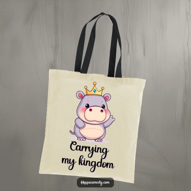 Funny kawaii hippopotamus wearing a tiny crown, striking a funny pose on a tote bag, ready for regal adventures.