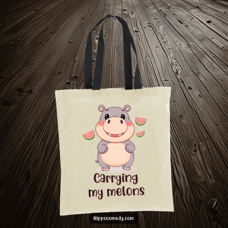 Funny Tote Bag: A giggling hippopotamus juggles three shiny watermelons with a look of pure delight.