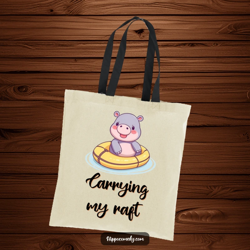 Funny tiny hippo tote bag, depicting a content hippo floating on a toy raft, ideal for carrying daily items.