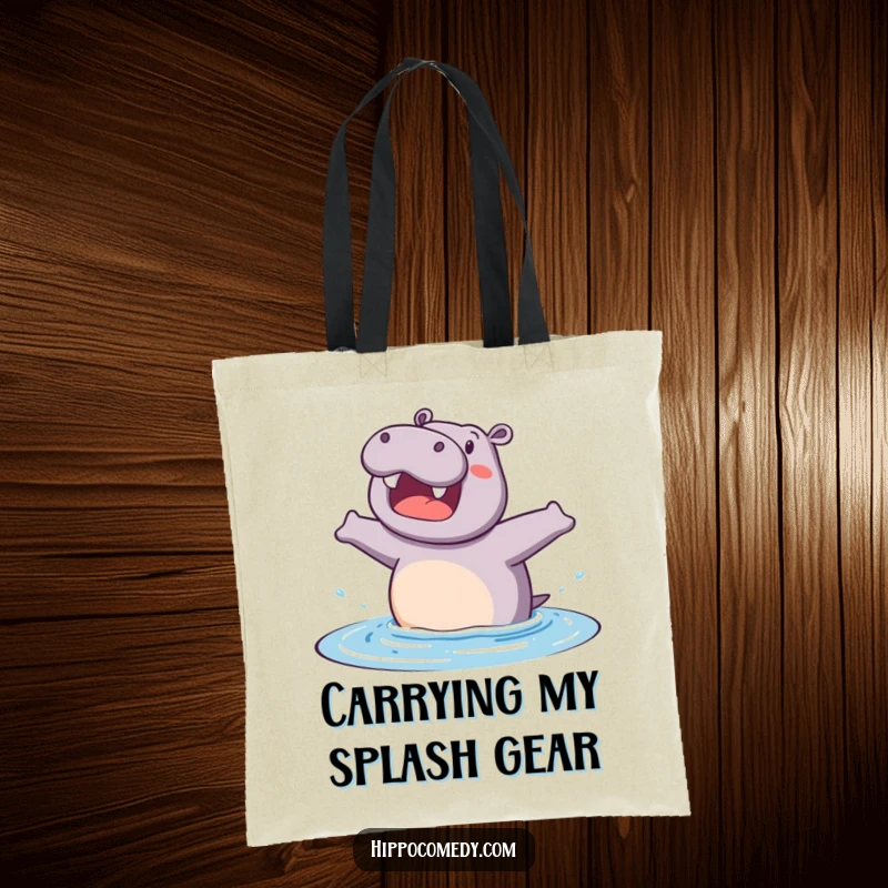 Funny tote bag showcasing an eager hippopotamus about to jump into water, perfect for carrying groceries with a humorous vibe.