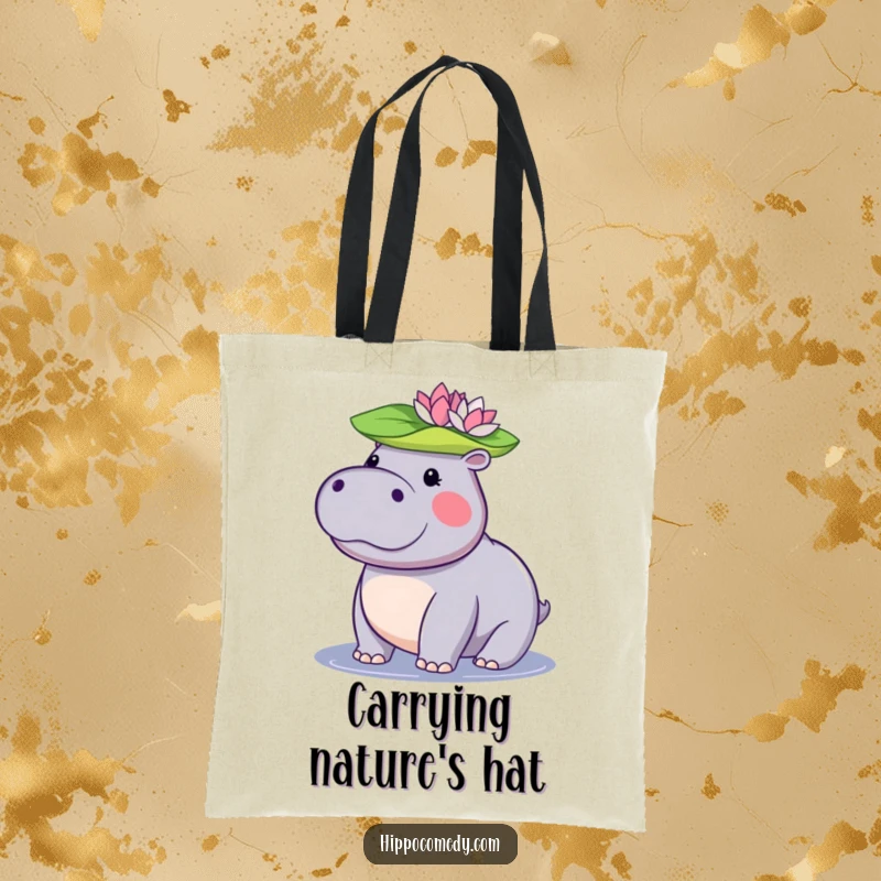Funny kawaii hippopotamus tote bag showcasing a cute hippo balancing a lily pad on its head, ideal for shopping.