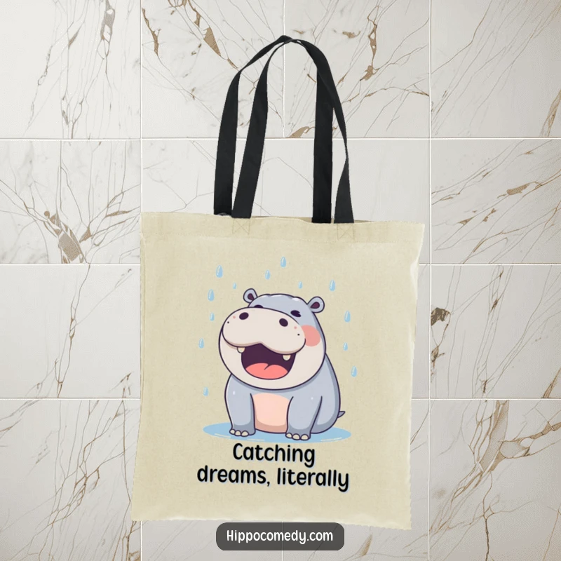 Funny hippo tote bag showing a happy hippo with mouth wide open, catching falling raindrops.