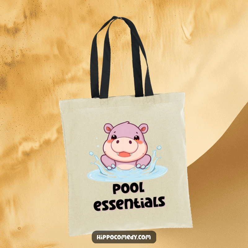 Funny Hippo Pool Tote Bag featuring a cute hippopotamus character splashing joyfully in a pool. Durable and fashionable, perfect for shopping and everyday use.