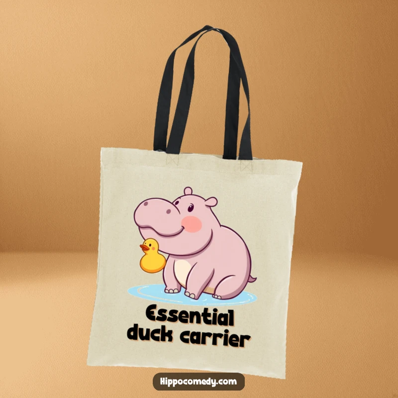 Funny kawaii hippopotamus looking with delight at a floating rubber ducky on a tote bag, a symbol of pure, comical joy.