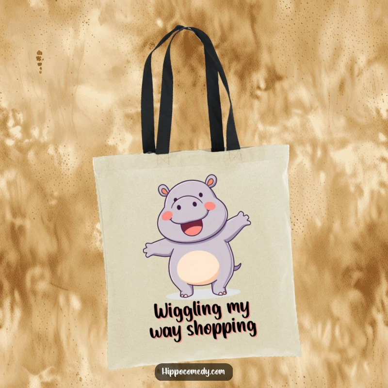 Funny tote bag with a happy hippopotamus doing a silly wiggle dance, perfect for shopping.