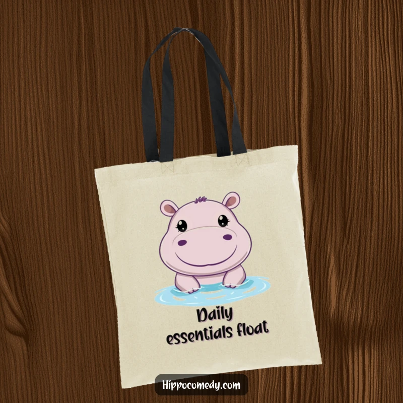 Funny tote bag featuring a cheerful hippo with big, round eyes, peeking above water, perfect for carrying essentials humorously.