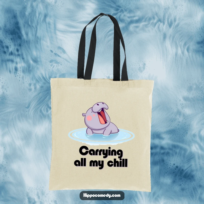 Funny hippo yawning in a calm blue pond, depicted on a stylish and functional tote bag, perfect for everyday use.