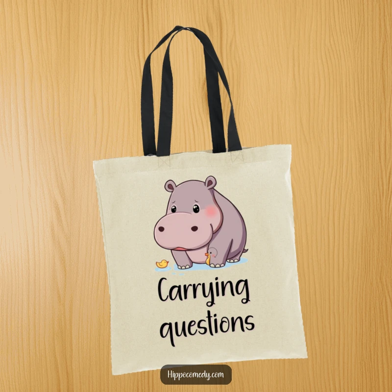 Funny hippo with a curious gaze observing a tiny duck on a stylish tote bag.
