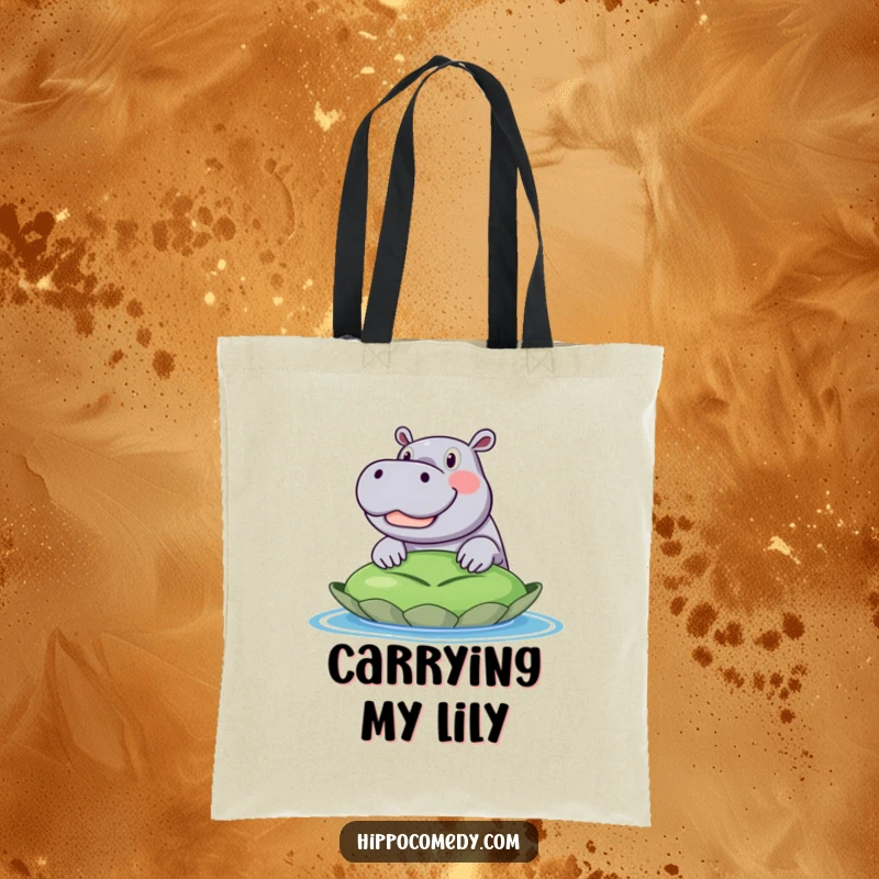 Funny tote bag illustration of an excited hippo with a wide grin, its head emerging from behind a giant, vibrant green lily pad. Spacious and amusing.