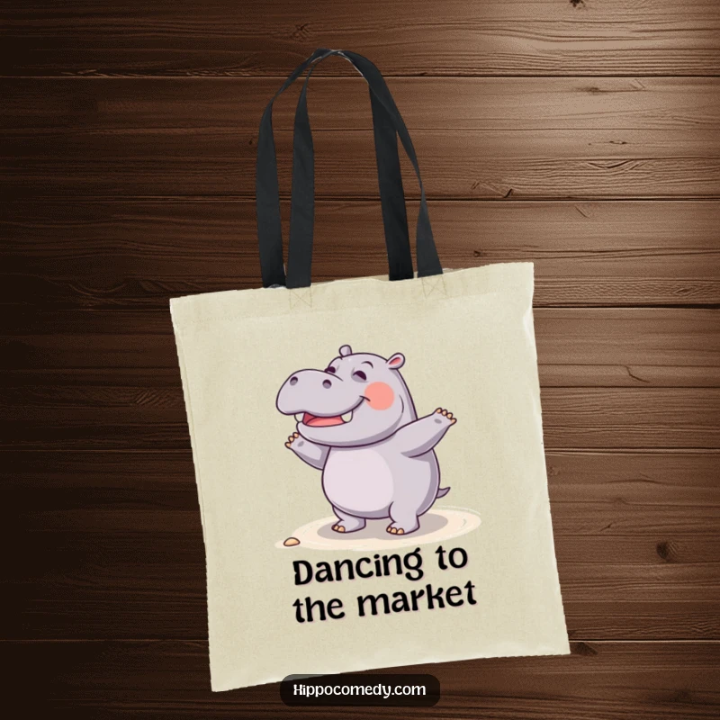 Funny giggling hippo tote bag, depicting a happy hippo doing a silly dance on the shore, great for carrying your day.