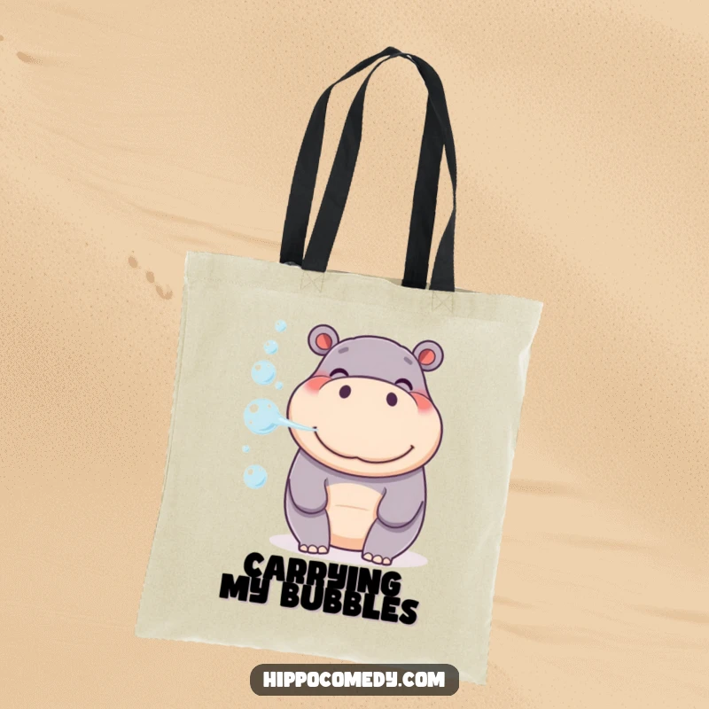 Funny Hippo Bubble Tote Bag, a smiling hippo blowing a gentle stream of bubbles, perfect for carrying essentials.