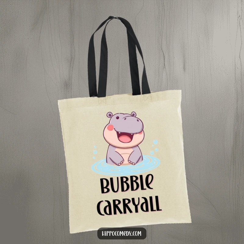 Funny tote bag showing a hippopotamus joyfully emerging from a bubbly pool, perfect for carrying groceries or beach essentials.