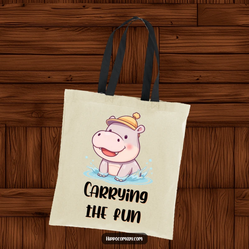 Funny tote bag featuring a smiling, hat-wearing hippopotamus cub in the middle of a delightful splish-splash.