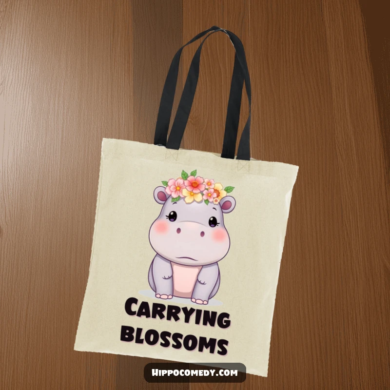 Funny hippo with a delicate flower crown, depicted on a stylish tote bag, perfect for carrying essentials.