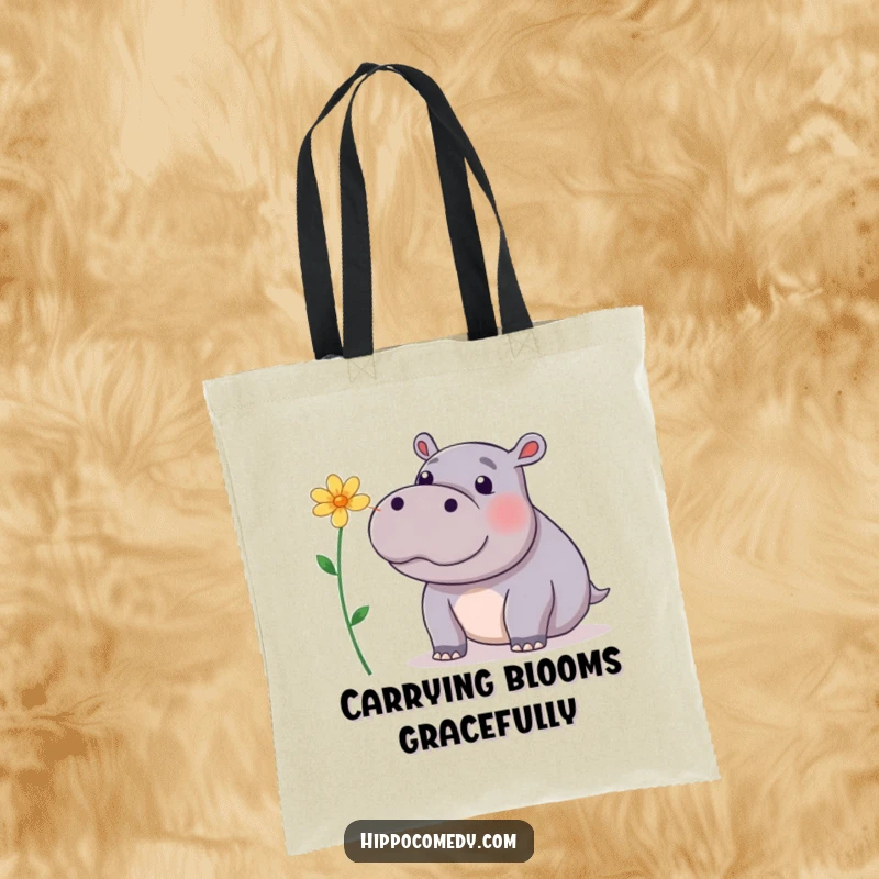 Funny Tote Bag: A playful hippopotamus attempting to balance a flower on its nose, adding charm to everyday carry.