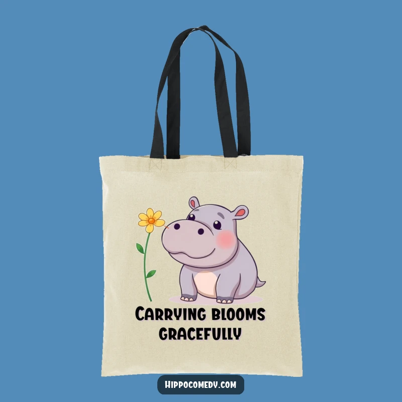 Funny Hippo Flower Nose Tote Bag: Playful Hippopotamus Balancing Act, Handy Gift