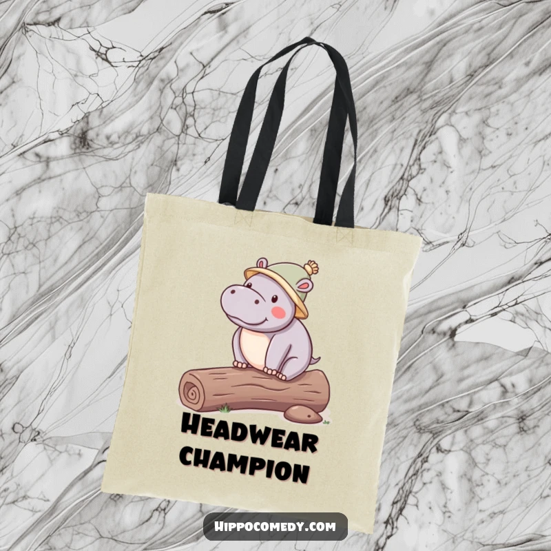Funny Hippo Hat Tote Bag featuring a kawaii hippopotamus in a hat, balancing on a log, perfect for stylish and humorous hauling.